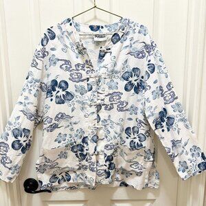 Ariel Women's 100% Linen Shirt Top Size L Tropical Floral Print Lightweight Boho